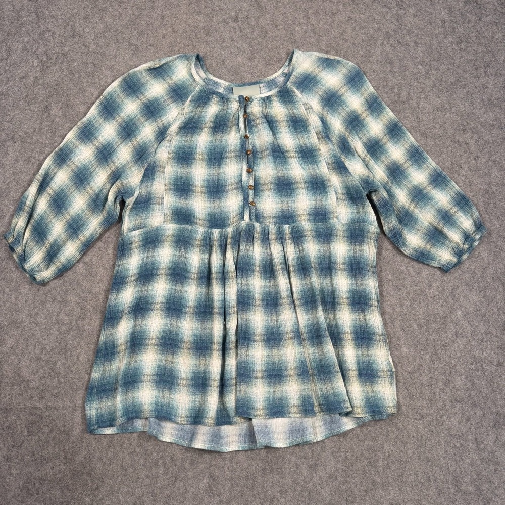 Anthropologie Maeve Calavon Blue Plaid Peplum Tunic Top Women's Size XS